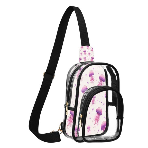 Transparent PVC Crossbody Bag, Printed Shoulder Bag with Compartments, Adjustable Strap Multi-purpose Handbag for Commute Shopping Travel Pink Jellyfish Seamless
