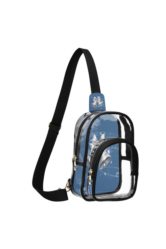 Transparent PVC Crossbody Bag, Printed Shoulder Bag with Compartments, Adjustable Strap Multi-purpose Handbag for Commute Shopping Travel Shiny Silver Bells