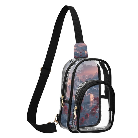 Transparent PVC Crossbody Bag, Printed Shoulder Bag with Compartments, Adjustable Strap Multi-purpose Handbag for Commute Shopping Travel Two White Swans