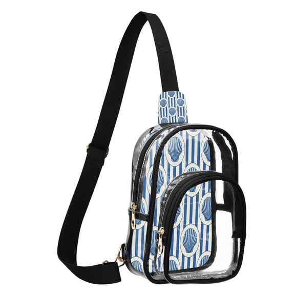 Transparent PVC Crossbody Bag, Printed Shoulder Bag with Compartments, Adjustable Strap Multi-purpose Handbag for Commute Shopping Travel Vertical Blue Shell