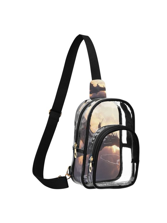 Transparent PVC Crossbody Bag, Printed Shoulder Bag with Compartments, Adjustable Strap Multi-purpose Handbag for Commute Shopping Travel Warrior Dragon