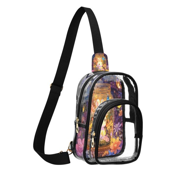 Transparent PVC Crossbody Bag, Printed Shoulder Bag with Compartments, Adjustable Strap Multi-purpose Handbag for Commute Shopping Travel White Rabbit Beautiful
