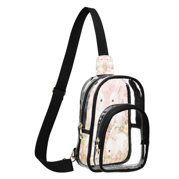 Transparent PVC Crossbody Bag, Printed Shoulder Bag with Compartments, Adjustable Strap Multi-purpose Handbag for Commute Shopping Travel White Rabbit Blossom
