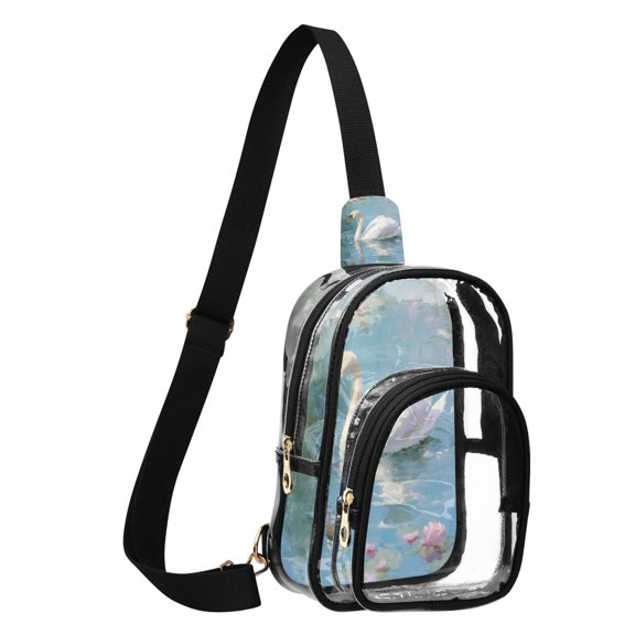 Transparent PVC Crossbody Bag, Printed Shoulder Bag with Compartments, Adjustable Strap Multi-purpose Handbag for Commute Shopping Travel White Swan Gliding