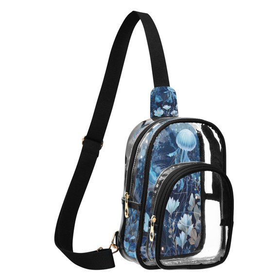 Transparent PVC Crossbody Bag, Printed Shoulder Bag with Compartments, Adjustable Strap Multi-purpose Handbag for Commute Shopping Travel Jellyfish