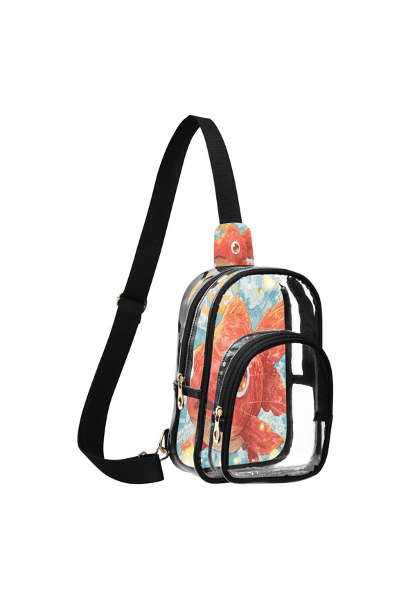 Transparent PVC Crossbody Bag, Printed Shoulder Bag with Compartments, Adjustable Strap Multi-purpose Handbag for Commute Shopping Travel Red Carp