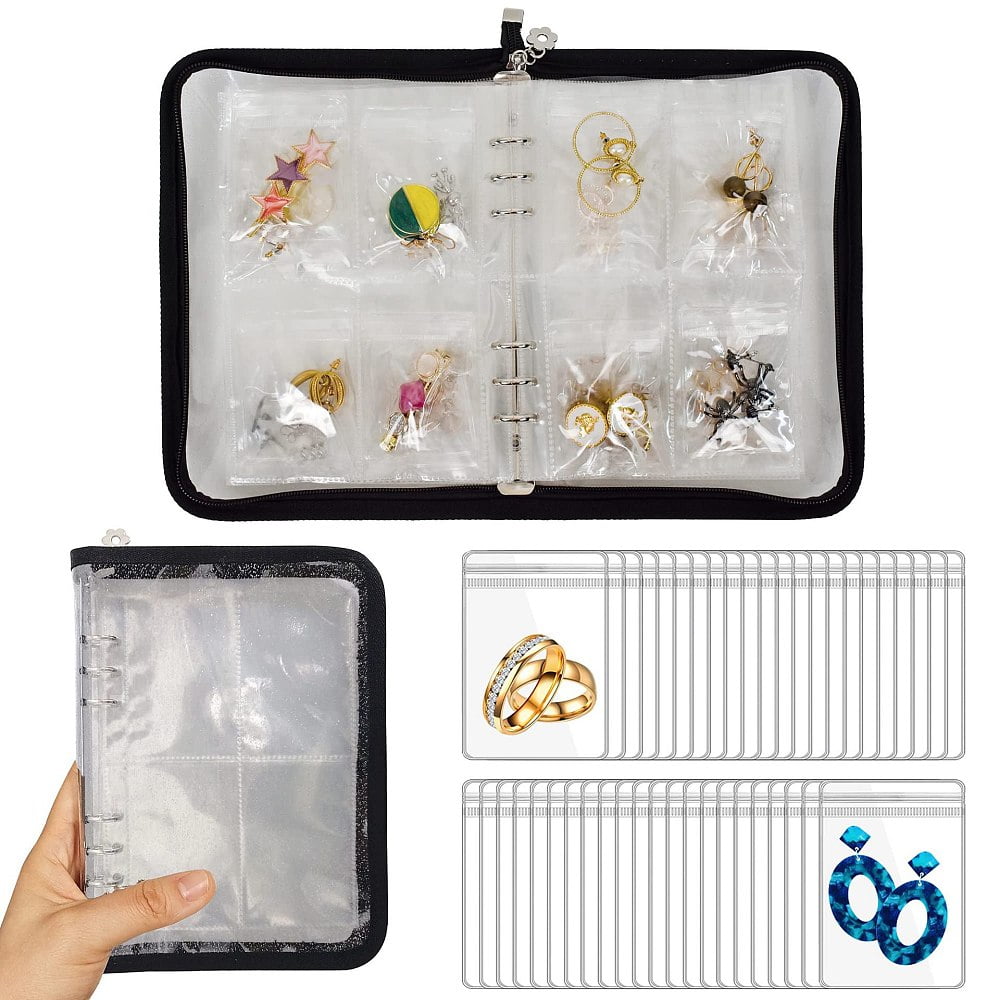 Transparent PVC Jewelry Organizer Storage Zipper Bags 10-Page Jewelry Storage Album with 80Pcs PVC Anti Oxidation Zip Lock Bags Black 25x18cm
