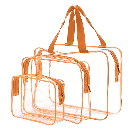 Transparent PVC Makeup Bag Set, Large Capacity Zipper Storage Bags For Travel Toiletry Organizer, Waterproof Cosmetic Pouch Set With Handle, Orange 3 Piece Set (Multicolor, 18*14*5CM)