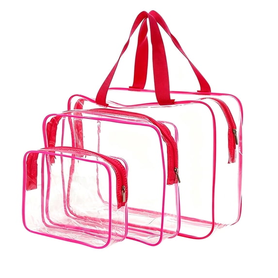Transparent PVC Makeup Bag Set, Large Capacity Zipper Storage Bags For Travel Toiletry Organizer, Waterproof Cosmetic Pouch Set With Handle, Rose Red 3 Piece Set (Multicolor, 18*14*5CM)