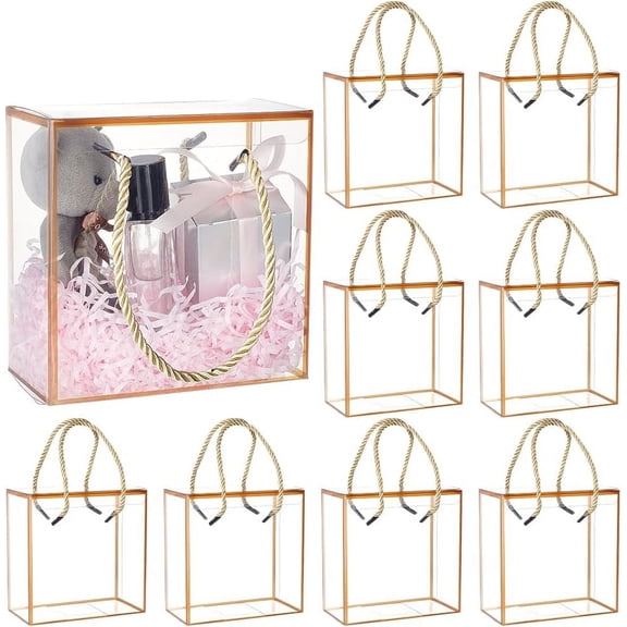 Transparent PVC Plastic Gift Tote boxes with Polyester Cord Square Dark Goldenrod Finished Product: 14x7.5x14cm about 3pcs/set