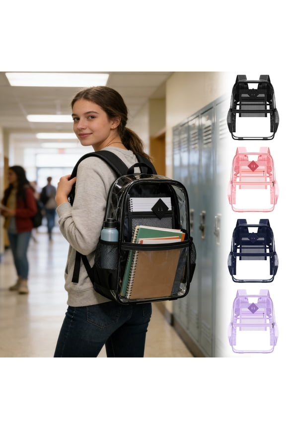 Transparent PVC Security Check Backpack, Heavy-Duty Large Capacity Concert Game Daypack, Durable Water-Resistant Clear Bag with Adjustable Straps, for Outdoor Events Sports Concerts, Black
