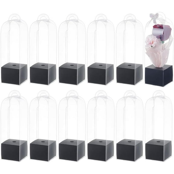 Transparent PVC Single Rose Flower Packaging Boxes Rose Wrapping Boxes with Paper Base Rectangle Black Finished Product: 8x8x28cm