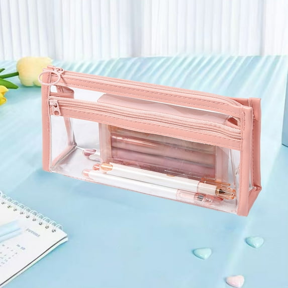 Transparent Pencil Case Two Layer Storage Bag, Pvc Material, Large Capacity Small Items, for Dorm Room Organization, Portable Desk Storage, Office Study Supplies, Office Desk Accessories, Vsgery