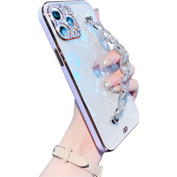 Transparent Phone Case Compatible with iPhone 13 6.1 inch,Women Girly Clear Bling Case Sparkle Rhinestone Bracelets Hand Chain Plating Shockproof TPU Silicone Case,Purple