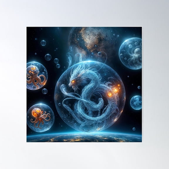 Transparent Planets With Trapped Creatures Poster Wall Art, Modern Wall Decor For Living Room Bedroom, 17x17 UNFRAMED