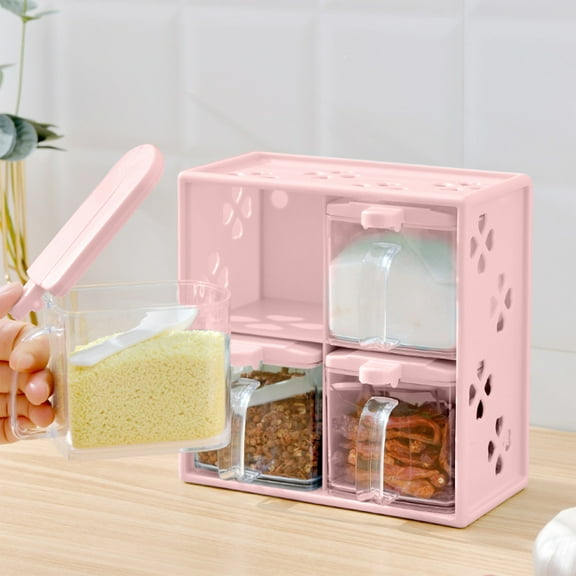 Transparent Plastic Seasoning Box Set with Handle and Spoon, Detachable Storage Rack Organizer, 4-Compartment Spice Containers for Kitchen Countertop, Pink