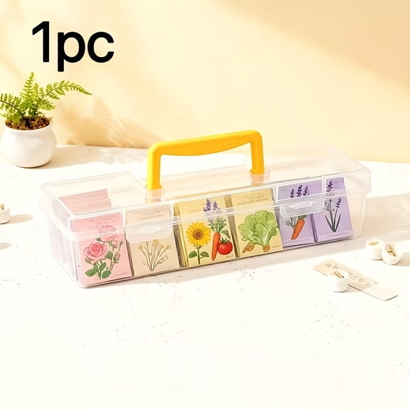 Transparent Plastic Seed Storage Box with Ergonomic Handle, Rectangular Portable Organizer for Gardening Seed Packs and Outdoor Supplies