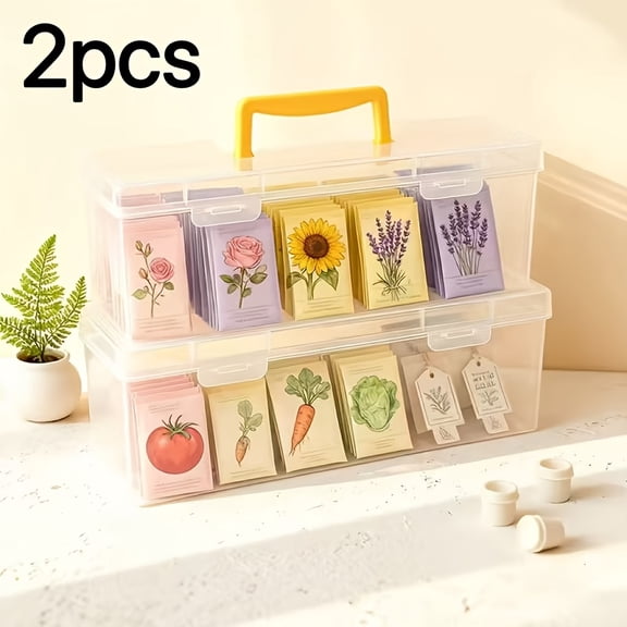Transparent Plastic Seed Storage Box with Ergonomic Handle, Rectangular Portable Organizer for Gardening Seed Packs and Outdoor Supplies