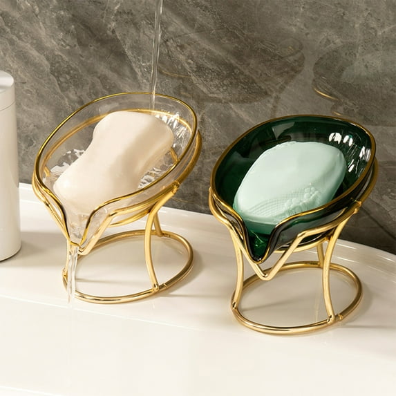 Transparent Plastic Soap Dish with Iron Storage Shelf | Draining Holder for Bathroom or Kitchen | Minimalist Organizer for Bar Soap, Sponges | 13x9x6cm | Clear or Green | Durable | 235g