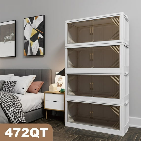 Transparent Plastic Storage Cabinets for Closet Organizers and Storage, Folding Storage Box, Stackable Storage Bins with Open Front Door