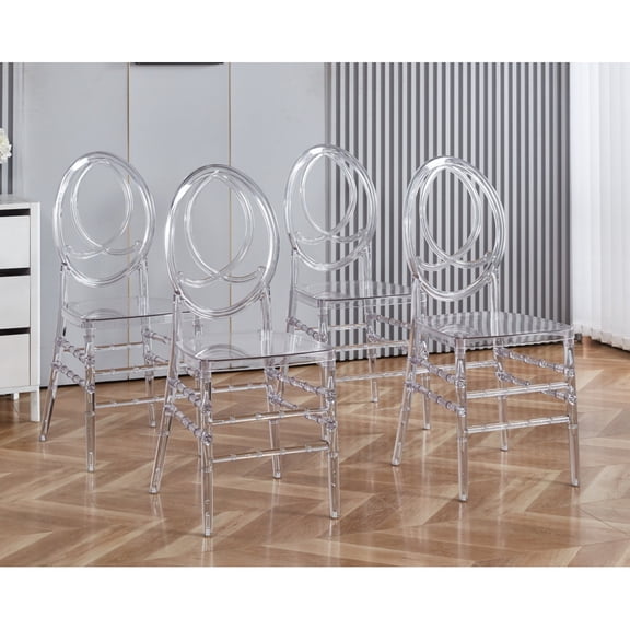 Transparent Plastic Wedding Event Chairs, Set of 4, Oval Ring Back Ghost Chair, Stackable Clear Acrylic Dining Side Chairs for Wedding Banquet Party Kitchen
