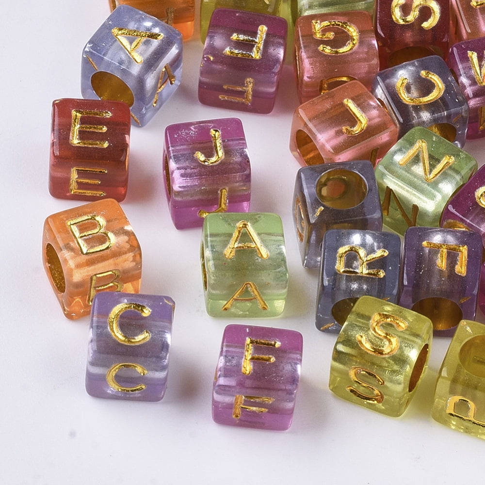 Transparent Plated Acrylic Beads Horizontal Hole Cube with Random Initial Letter Mixed Color 6x6x6mm Hole: 3.5mm about 3050~3090pcs/500g