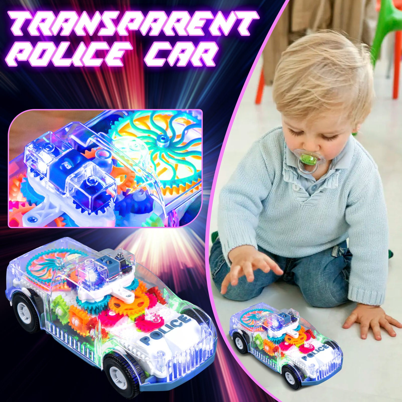 Transparent Police Car Toy Car for Kids Transparent Body Colorful Gears ...