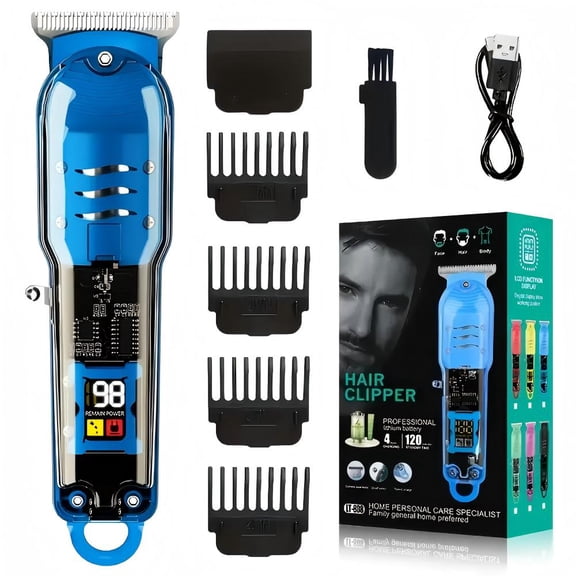 Transparent Professional Hair Clipper for Men - USB Rechargeable, 1200mAh Battery, Long-Lasting, Digital Display, Precision Groomming with Comb