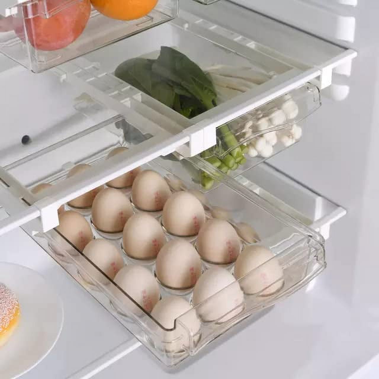 Transparent Pull Out PET Plastic Clear Refrigerator Fridge Drawer Storage Organizer Bin, Set Of Two - Clear And Egg Layout.