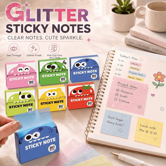 Transparent Pull-Out Sticky Notes 6 Boxes Glitter Pearlescent Clear Translucent Pop Up Memo Notes for Office Home Planner Journaling Writing