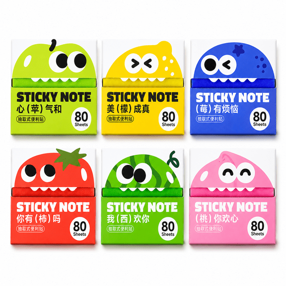 Transparent Pull Out Sticky Notes, 6 Pack 480 Sheets, Pearlescent Clear Sticky Notes with Cute Fruit Dispensers for Book Annotation, Journaling, Planner and Office