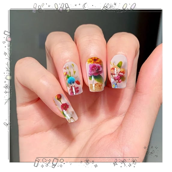 Transparent Realistic Flower Press on Nails,Long Coffin Fake Nails Color Gorgeous Acrylic Glossy Glue on Nails,Reusable Winter False Nails for Women Girl Holiday Daily Appointment Wear 24pcs