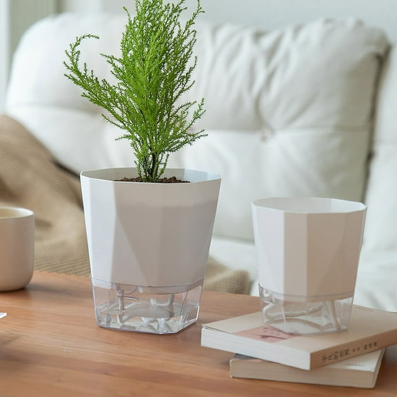 Transparent Resin Automatic Self-Watering Flower Pot | White Plastic Water-Absorbing Planter Basin | Indoor Outdoor | Sturdy Durable Design | 4 Sizes | 1PC
