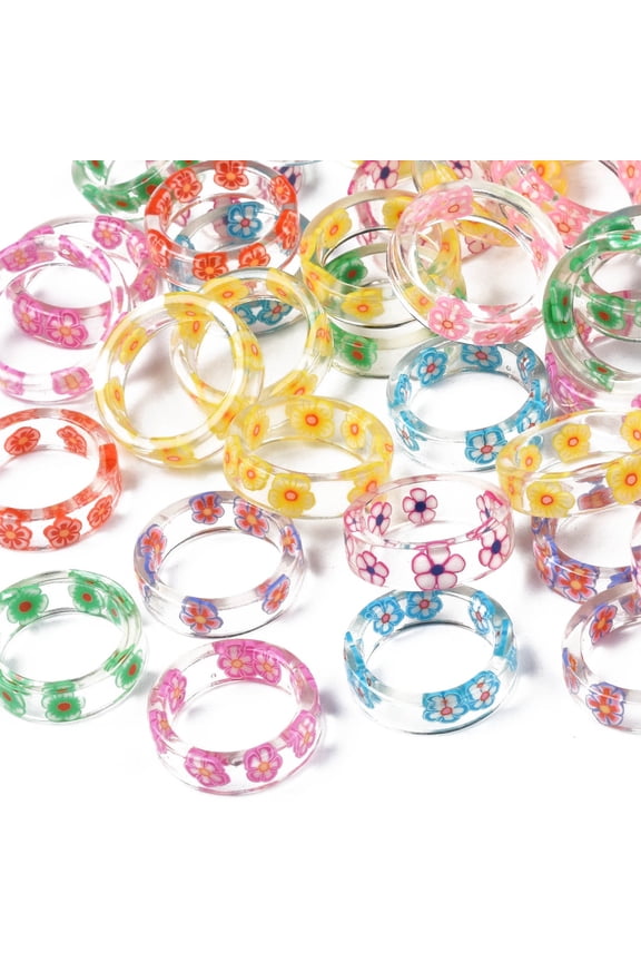 Transparent Resin Flower Finger Ring for Women Mixed color US Size 6-7 3/4(16.5-17.9mm)