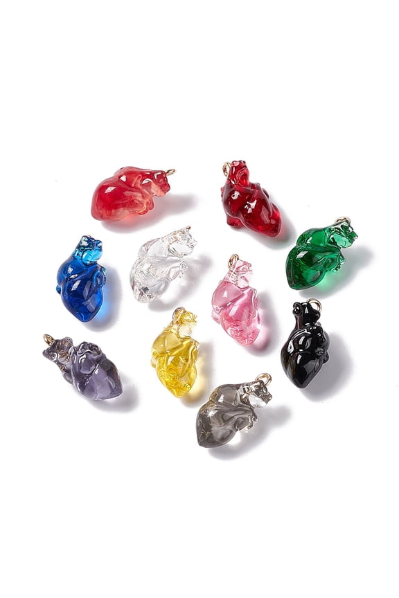 Transparent Resin Pendants Anatomical Heart Charms with Golden Plated Iron Loops Mixed Color 20.5~21.5x11.5x11mm Hole: 2mm
