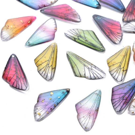 Transparent Resin Pendants with Gold Foil Insects Wing Mixed Color 24.5x11.5x2mm Hole: 1mm