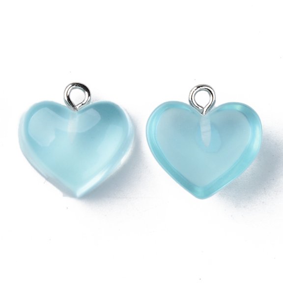 Transparent Resin Pendants with Platinum Tone Iron Loop Heart Light Sky Blue 16.5x17x9.5mm Hole: 1.8mm