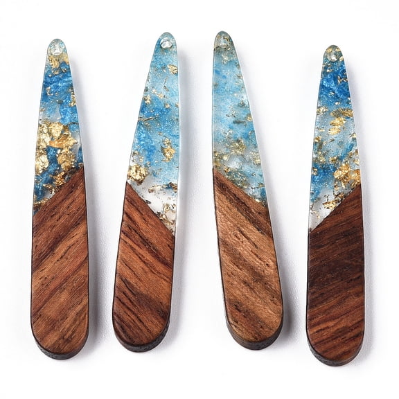 Transparent Resin Walnut Wood Pendants with golden Foil Teardrop Charms Waxed Cornflower Blue 44x7.5x3.5mm
