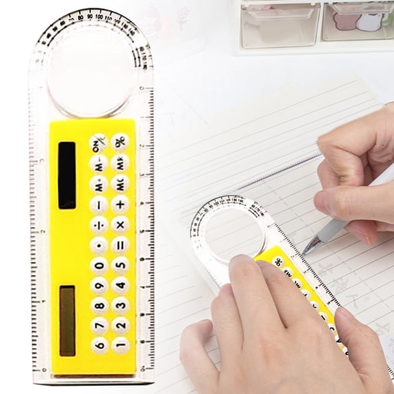 Transparent Ruler Calculator, 4 in 1 Student Measuring Tool, Ruler Calculator Magnifier Protractor, for Math and Drafting, Yellow