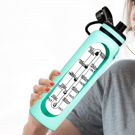 Transparent Scale Glass Sports Water Bottle 1L, Large Capacity Drinking Cup with Handle, Heat Resistant for Hot and Cold Beverages, Marked Measurements for Gym Office Home