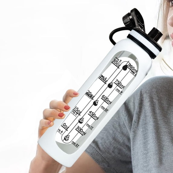 Transparent Scale Glass Sports Water Bottle 1L, Large Capacity Drinking Cup with Handle, Heat Resistant for Hot and Cold Beverages, Marked Measurements for Gym Office Home
