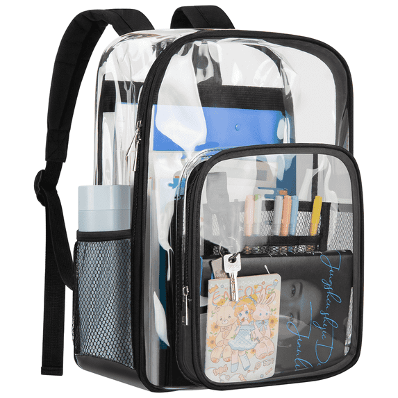 Cshidworld Large Transparent Backpack, Clear Backpack with Water-Resistant PVC Plastic and Ruggedly Shoulder Straps, for Work, Workplace, Stadium, Travel, Security, Festival, College, Black