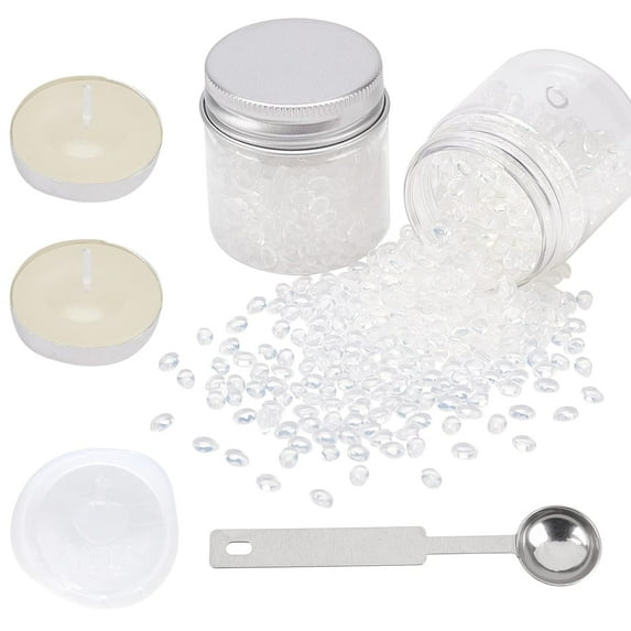 Transparent Sealing Wax Beads White Wax Seal Beads Kit with 2pcs Candle 1pc Melting Spoon for Wax Seal Stamp for Wedding Invitations Letter Envelopes Packaging Crafts Card(Packed in Can) White