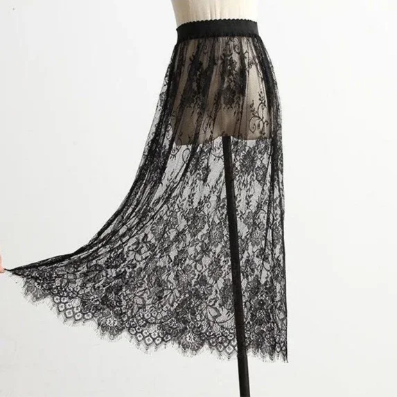 Transparent Sexy Lace Mesh Skirt Elastic High Waist Black White Tulle Mini Skirts Womens Skirt Korean Fashion