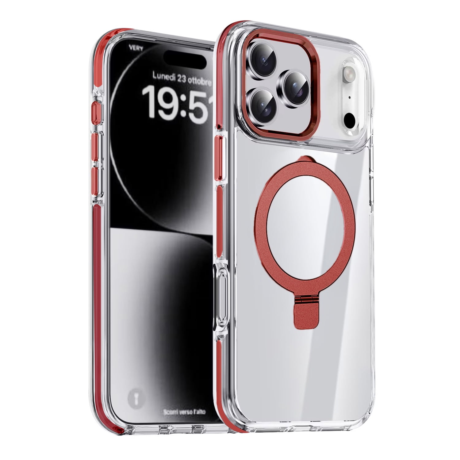 Transparent Shockproof Magnetic Kickstand Case for iPhone 17 Pro Max - Red