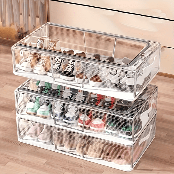 Transparent Shoe Storage Boxes, Foldable Shoe Organizer with Steel Frame, Rectangular with Visible Window, Under Bed Storage for Home & Dorm