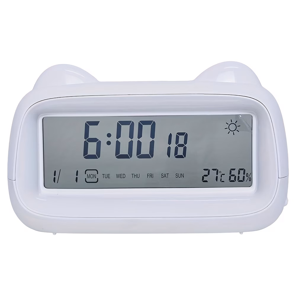 Transparent Silent LED Cat Digital Alarm Clock Day/Night Count, Time, Year, Month, Date, Week, Alarm, Temperature, Perpetual Calendar & PM Function, Desktop Decoration Clock