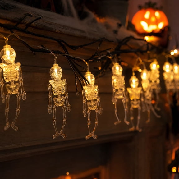 Transparent Skeleton Themed Led String Lights, Unique Spooky Light Decorations with Clear Shell Design, Terrifying Lighting Ornaments for Halloween Haunted Style Scene Arrangement, C