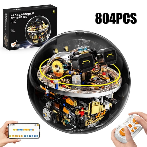 Transparent Spherical Robot Building Block Set,Stem Programmable Remote-Controlled Powered Toys,LED Expression Display and Cyberpunk Lighting,Holiday and Birthday Gifts For Boys Girls