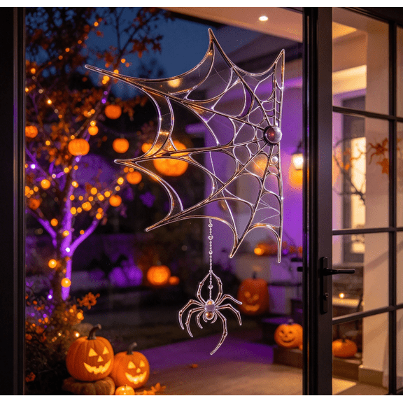 Transparent Spider Web Window Decal Halloween Glass Sticker with Dangling Spider Print for Indoor Door Seasonal Home Decor